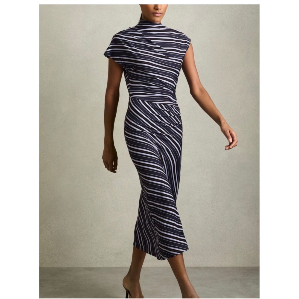 Reiss Dillion Blue Striped Ruched Draped Maxi Long Dress XL Sleeveless Sheath - Picture 5 of 12